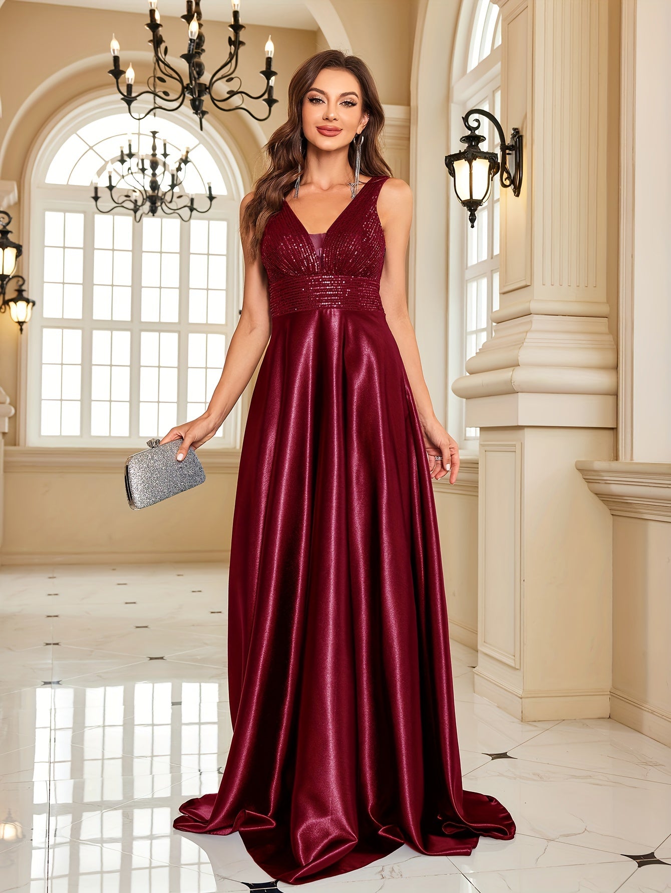 Sequin Sleeveless Bridesmaid Dress, Elegant V-neck Floor Length Dress | XUIBOL