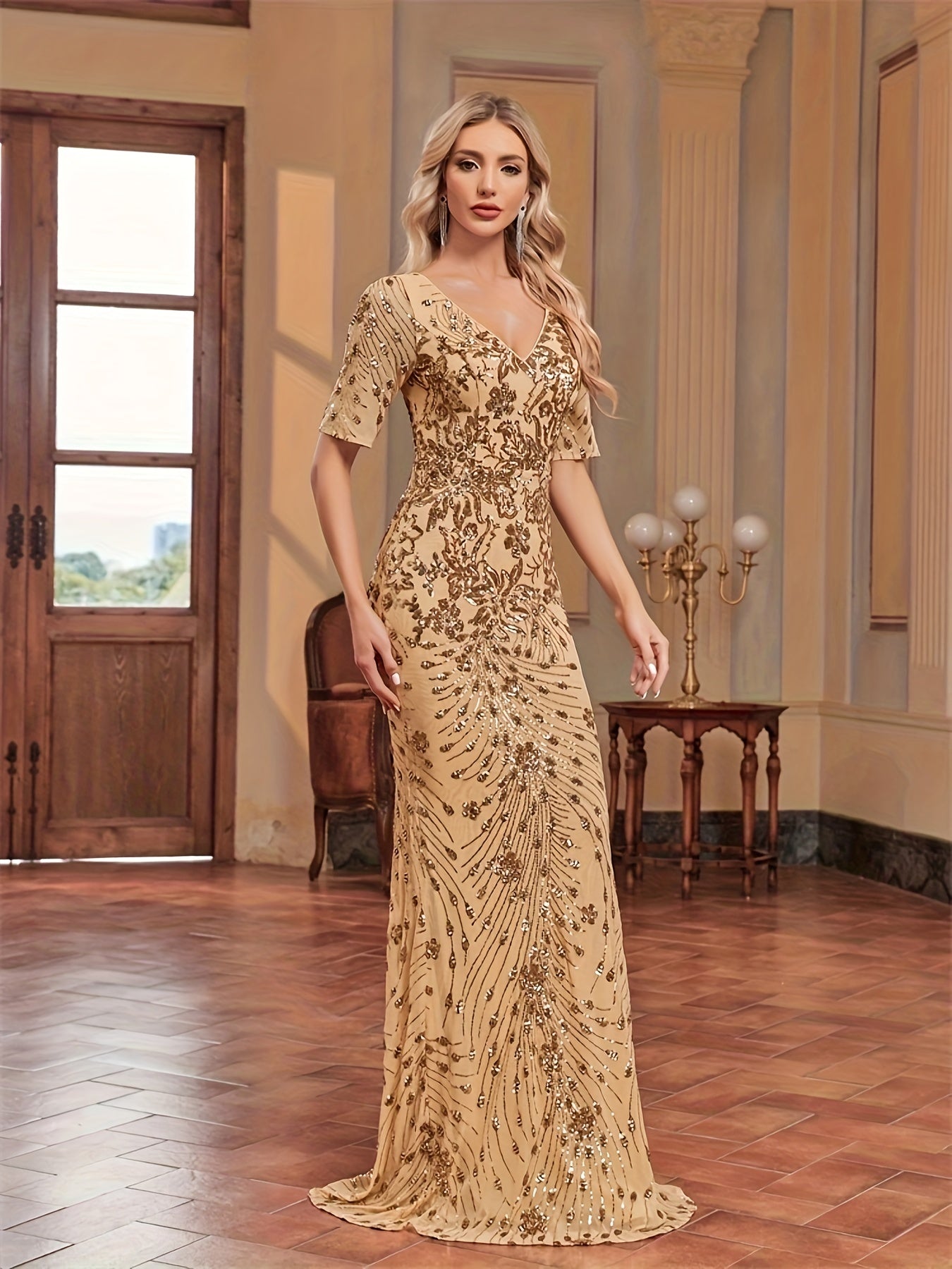 Floral Pattern Sequined Mermaid Dress, Elegant V-neck Short Sleeve Dress For Party & Banquet | XUIBOL