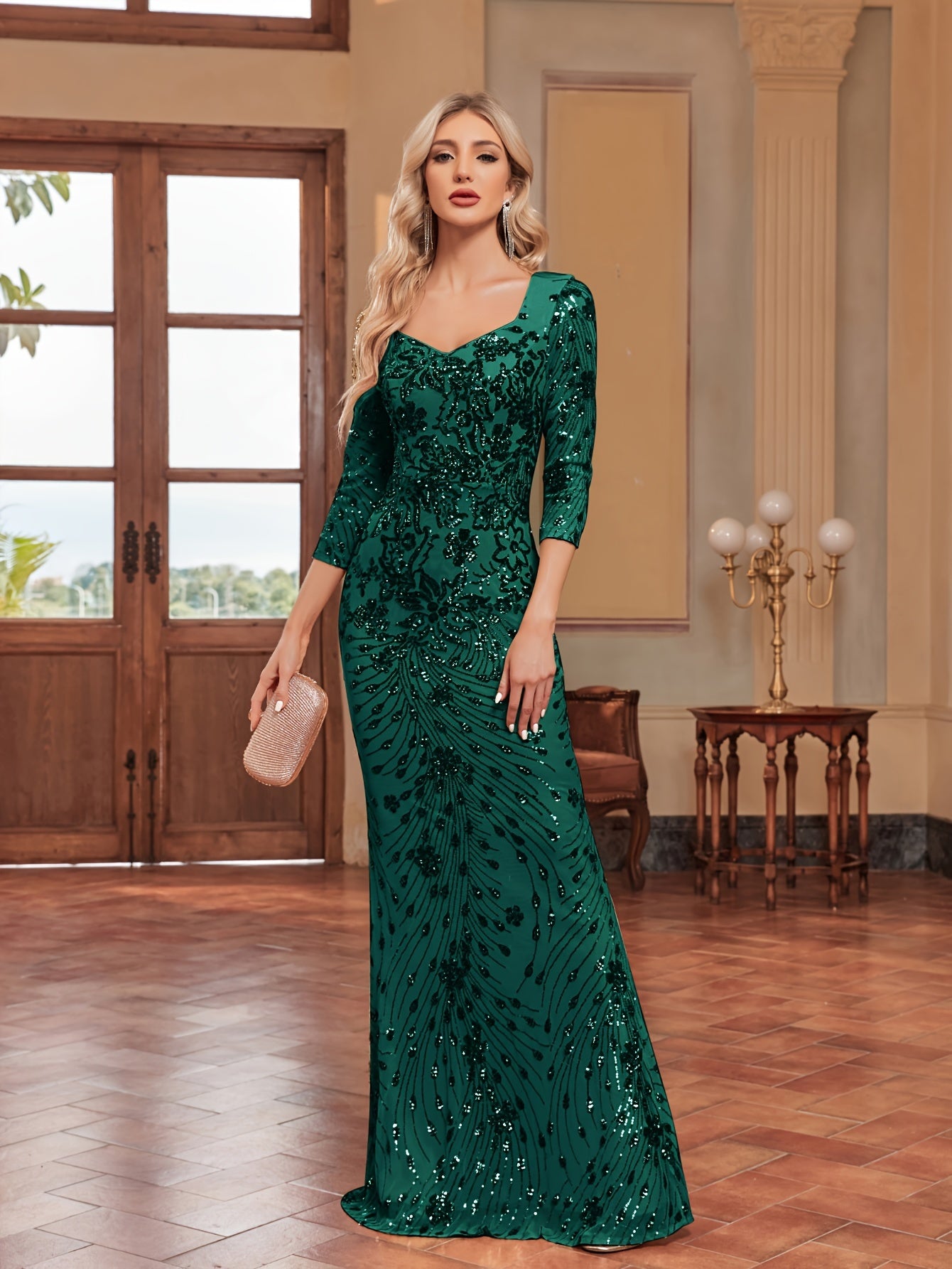 Sequin Decor Mermaid Bridesmaid Dress, Elegant Three-quarter Sleeve Slim Dress For Wedding Party | XUIBOL