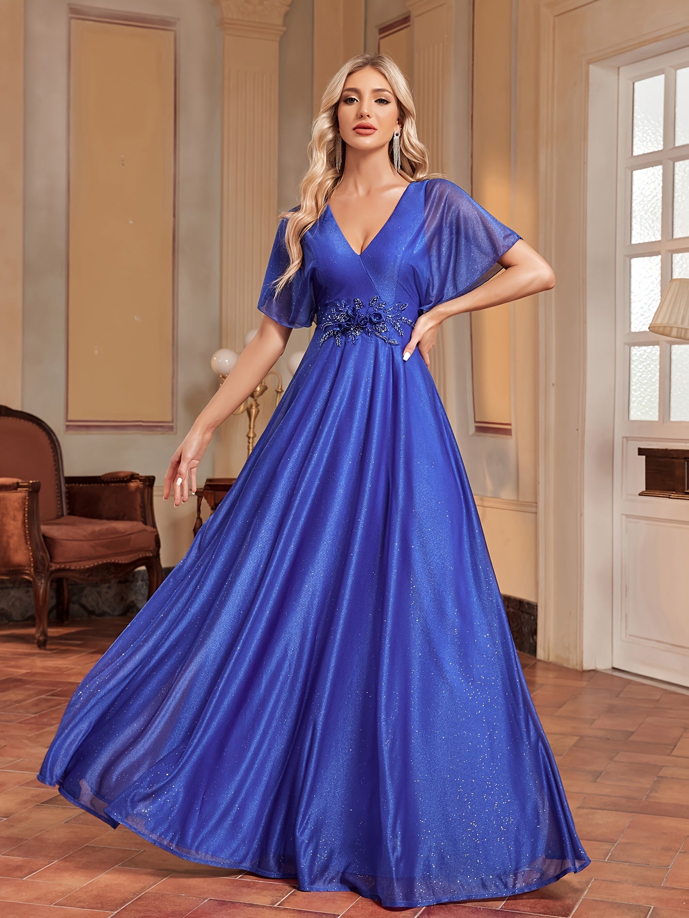 Flutter Sleeve Floral Decor Bridesmaid Dress | XUIBOL