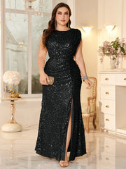 Women Ruched Waist Sparkly Maxi Dress For Wedding Party Prom