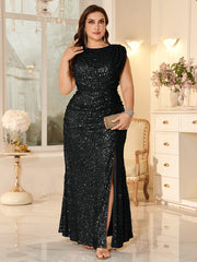 Women Ruched Waist Sparkly Maxi Dress For Wedding Party Prom