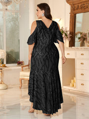 Champagne Sequin Cold-Shoulder Ruffle-Sleeve Asymmetrical Mermaid Gown