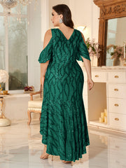 Champagne Sequin Cold-Shoulder Ruffle-Sleeve Asymmetrical Mermaid Gown