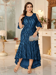 Champagne Sequin Cold-Shoulder Ruffle-Sleeve Asymmetrical Mermaid Gown