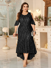 Champagne Sequin Cold-Shoulder Ruffle-Sleeve Asymmetrical Mermaid Gown