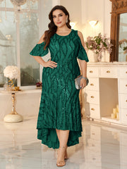 Champagne Sequin Cold-Shoulder Ruffle-Sleeve Asymmetrical Mermaid Gown