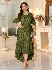 Champagne Sequin Cold-Shoulder Ruffle-Sleeve Asymmetrical Mermaid Gown