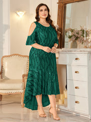 Champagne Sequin Cold-Shoulder Ruffle-Sleeve Asymmetrical Mermaid Gown