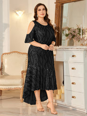 Champagne Sequin Cold-Shoulder Ruffle-Sleeve Asymmetrical Mermaid Gown