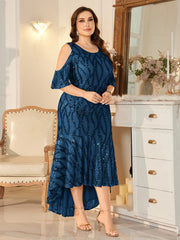 Champagne Sequin Cold-Shoulder Ruffle-Sleeve Asymmetrical Mermaid Gown