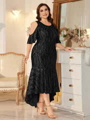 Champagne Sequin Cold-Shoulder Ruffle-Sleeve Asymmetrical Mermaid Gown