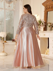 Women Elegant Blush Pink Sequin Lace Long Party Dress For Mother Of Bride