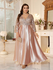 Women Elegant Blush Pink Sequin Lace Long Party Dress For Mother Of Bride
