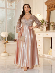 Women Elegant Blush Pink Sequin Lace Long Party Dress For Mother Of Bride