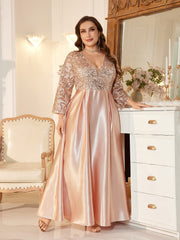 Women Elegant Blush Pink Sequin Lace Long Party Dress For Mother Of Bride
