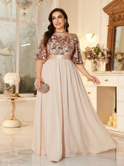 Elegant Formal Round Neck Lotus Leaf Five Quarter Sleeve Sequin Splicing Mesh Elegant Long Dress