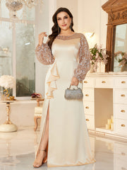 Elegant Heart Neck Slit Maxi Dress With Ruffle For Mother Of Bride Wedding Party