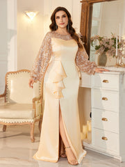 Elegant Heart Neck Slit Maxi Dress With Ruffle For Mother Of Bride Wedding Party