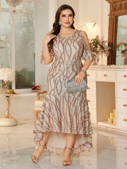 Champagne Sequin Cold-Shoulder Ruffle-Sleeve Asymmetrical Mermaid Gown