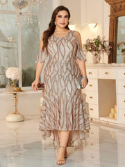 Champagne Sequin Cold-Shoulder Ruffle-Sleeve Asymmetrical Mermaid Gown