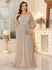 High Waist Glitter Long Prom Dress Off Shoulder Loose A Line Gala Gown