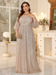 High Waist Glitter Long Prom Dress Off Shoulder Loose A Line Gala Gown