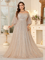 High Waist Glitter Long Prom Dress Off Shoulder Loose A Line Gala Gown