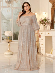 High Waist Glitter Long Prom Dress Off Shoulder Loose A Line Gala Gown