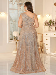 Plus-Size one-Shoulder Champagne Sequin Evening Gown