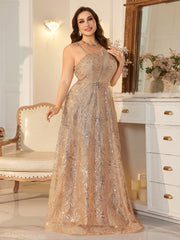 Plus-Size one-Shoulder Champagne Sequin Evening Gown