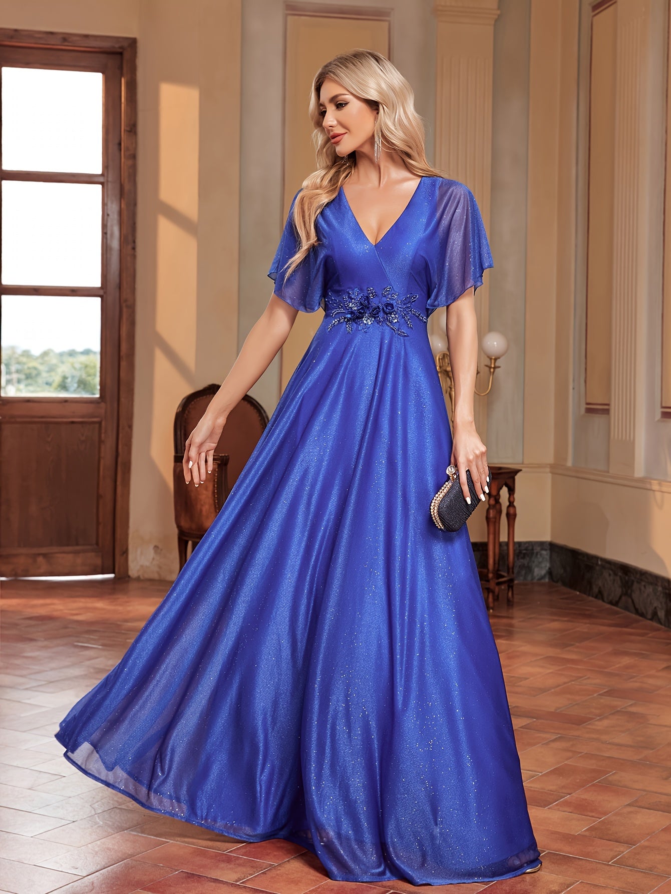 Flutter Sleeve Floral Decor Bridesmaid Dress | XUIBOL
