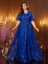 Royal Blue Sequin V-neck Short Sleeve Plus Size Party Gown