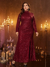 Burgundy Sequin High Neck Long Sleeve Bodycon Maxi Party Dress