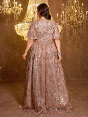 Elegant Formal Short Sleeved Long Embroidered Sequin Dress