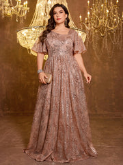 Elegant Formal Short Sleeved Long Embroidered Sequin Dress