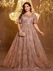 Elegant Formal Short Sleeved Long Embroidered Sequin Dress