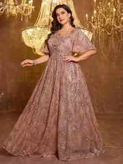Elegant Formal Short Sleeved Long Embroidered Sequin Dress