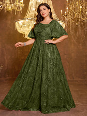 Elegant Formal Short Sleeved Long Embroidered Sequin Dress