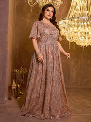 Elegant Formal Short Sleeved Long Embroidered Sequin Dress