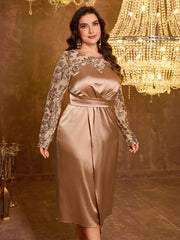Champagne Gold Sequin Spliced Wrap Midi Plus Size Evening Dress