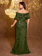 Elegant Formal Off Shoulder Long Embroidered Sequin Dress