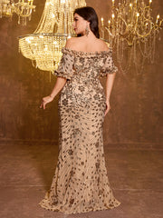 Elegant Formal Off Shoulder Long Embroidered Sequin Dress