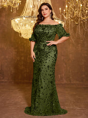 Elegant Formal Off Shoulder Long Embroidered Sequin Dress
