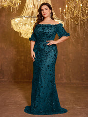 Elegant Formal Off Shoulder Long Embroidered Sequin Dress