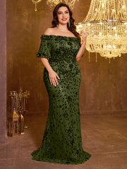 Elegant Formal Off Shoulder Long Embroidered Sequin Dress