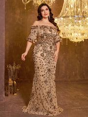 Elegant Formal Off Shoulder Long Embroidered Sequin Dress
