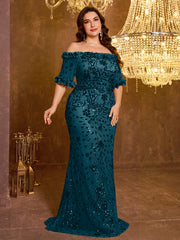Elegant Formal Off Shoulder Long Embroidered Sequin Dress