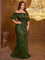 Elegant Formal Off Shoulder Long Embroidered Sequin Dress