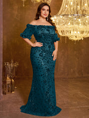 Elegant Formal Off Shoulder Long Embroidered Sequin Dress